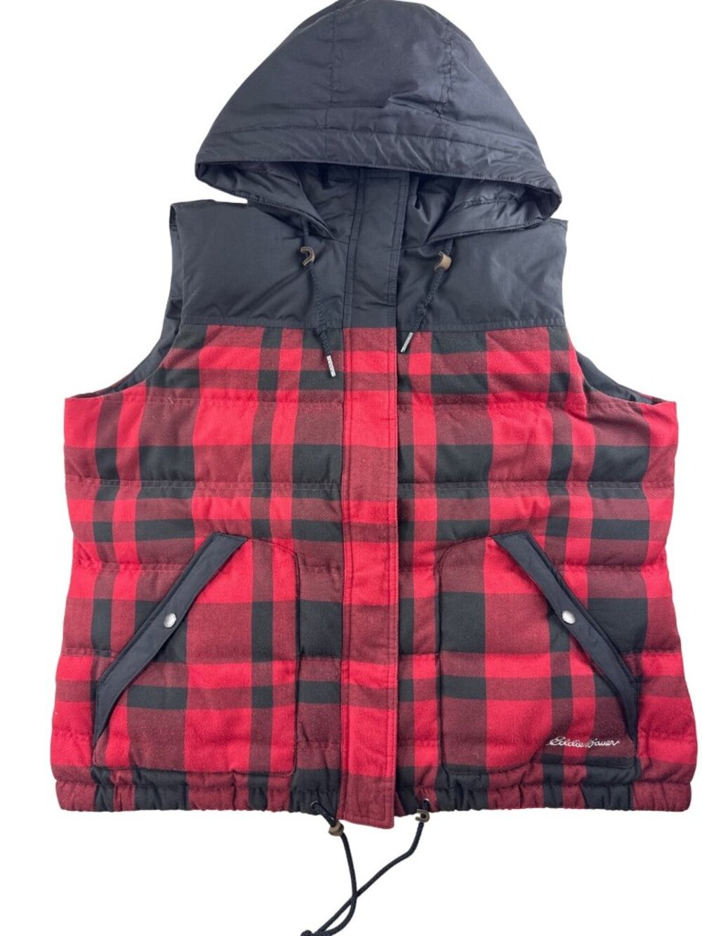 Eddie Bauer Women's 2XL Buffalo Plaid Down Puffer Vest Hood Red Black